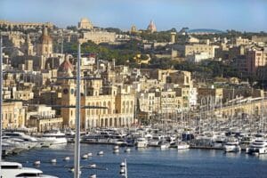 Historic harbourfront buildings and marina in Birgu, Malta