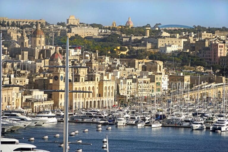 Historic harbourfront buildings and marina in Birgu, Malta