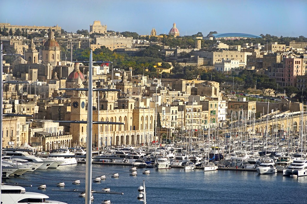 Historic harbourfront buildings and marina in Birgu, Malta