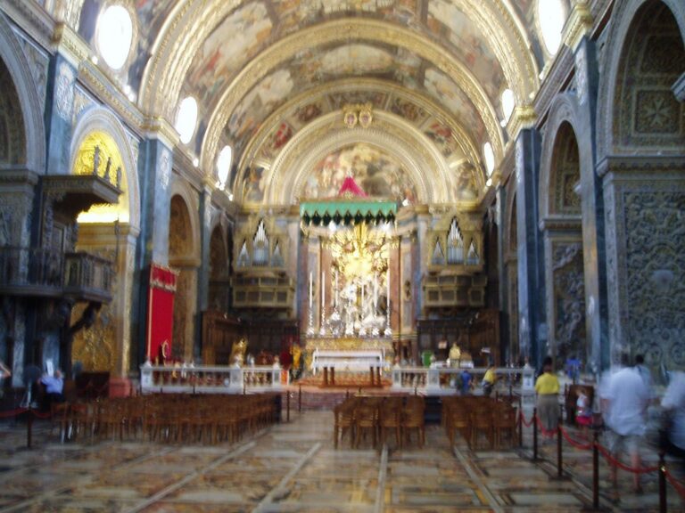 Ornate gilded baroque ceiling and interior of St John's Co-Cathedral in Valletta