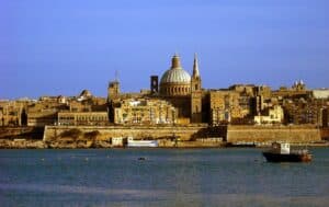Waterfront view across the harbour towards Valletta from the Sliema promenade