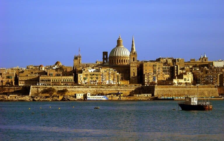 Waterfront view across the harbour towards Valletta from the Sliema promenade